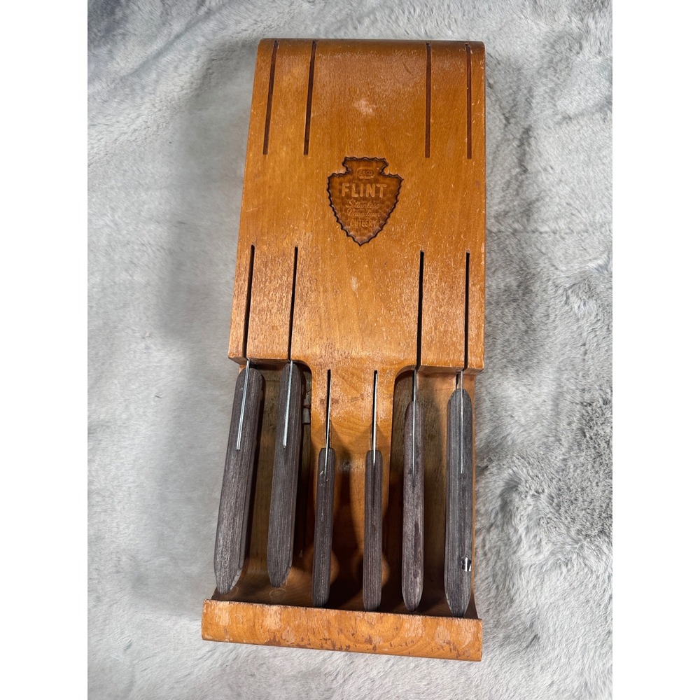 Vtg MCM EKCO Flint Vanadium Set Arrowhead‎ Stainless Wood Block 7pc Wall Mount